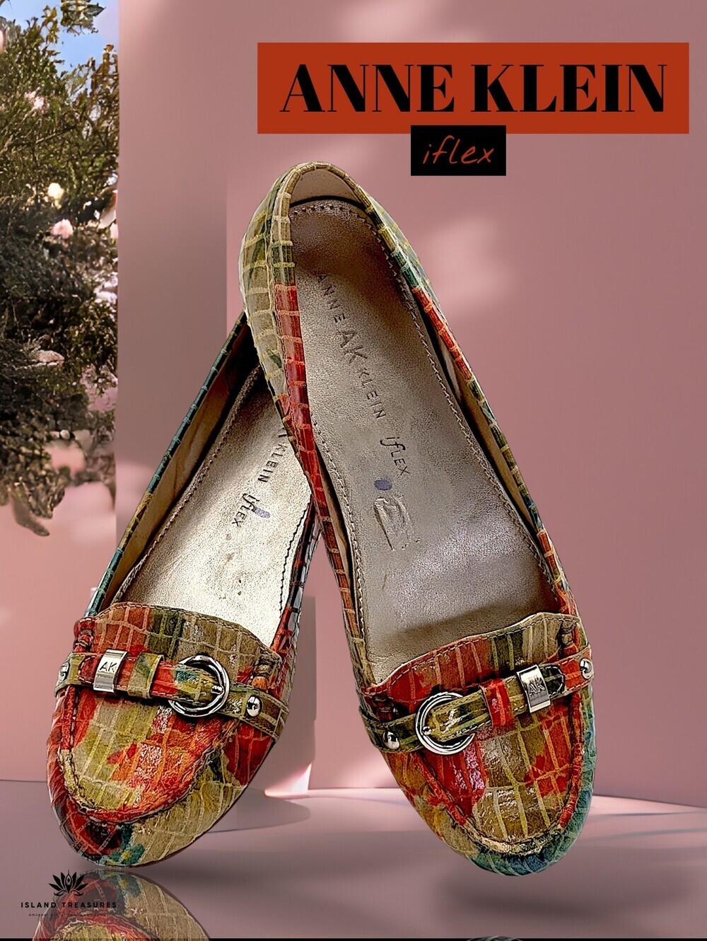 Anne Klein iflex Savina Sz 7.5 Multicolor Coral/Teal Croc  Loafers Gold Buckles